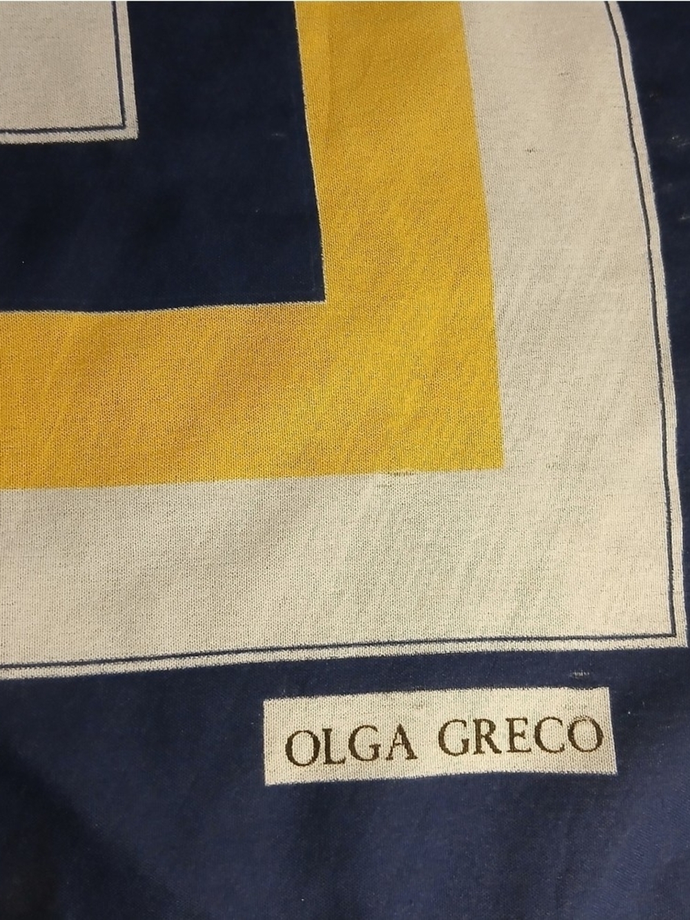 Vintage Olga Greco Italian Square Scarf, Navy Blue & Yellow Geometric Design